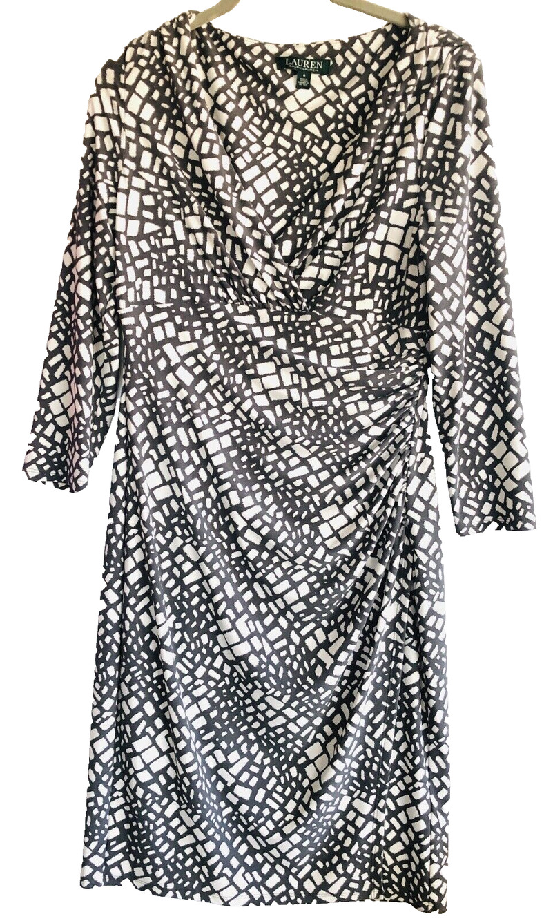 Lauren Ralph Lauren Womens 3/4 Sleeve V Neck Abstract Sheath Dress White Gray 6